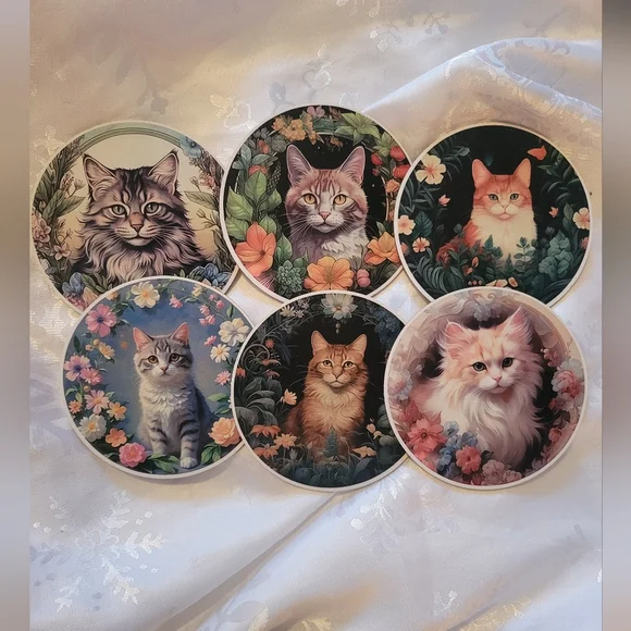 🔮NEW🔮Hand Crafted Cat Coasters Set - Multicolor - Picture 1 of 1